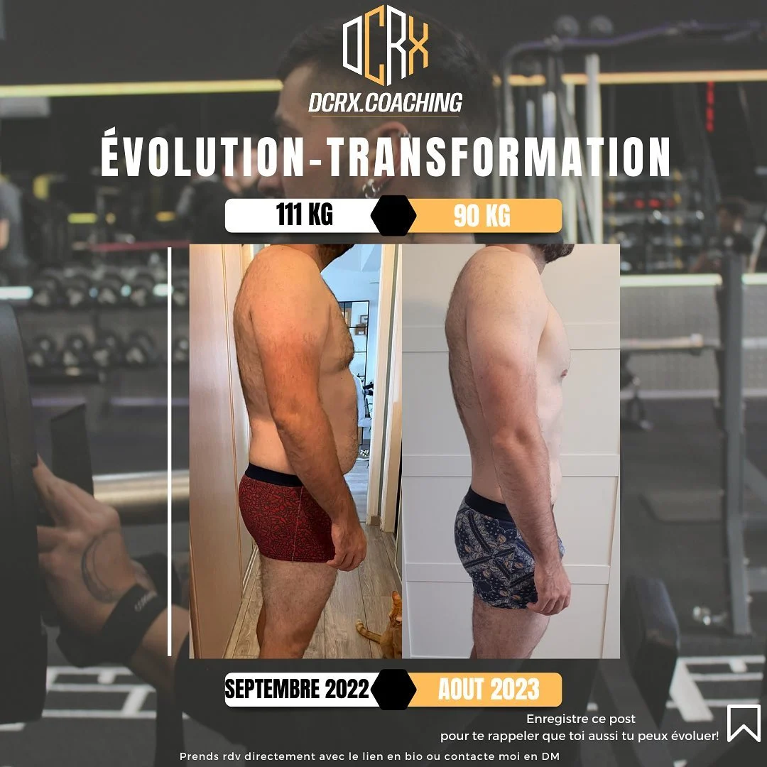 Transformation de Yohann : 111 → 90 kg · 12 mois